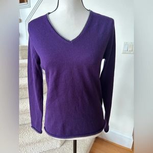 Peck & Peck Purple Cashmere V-Neck Grey Trim